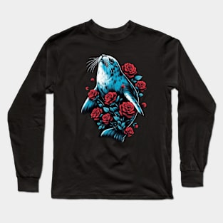 Cute Seal Red Roses Long Sleeve T-Shirt